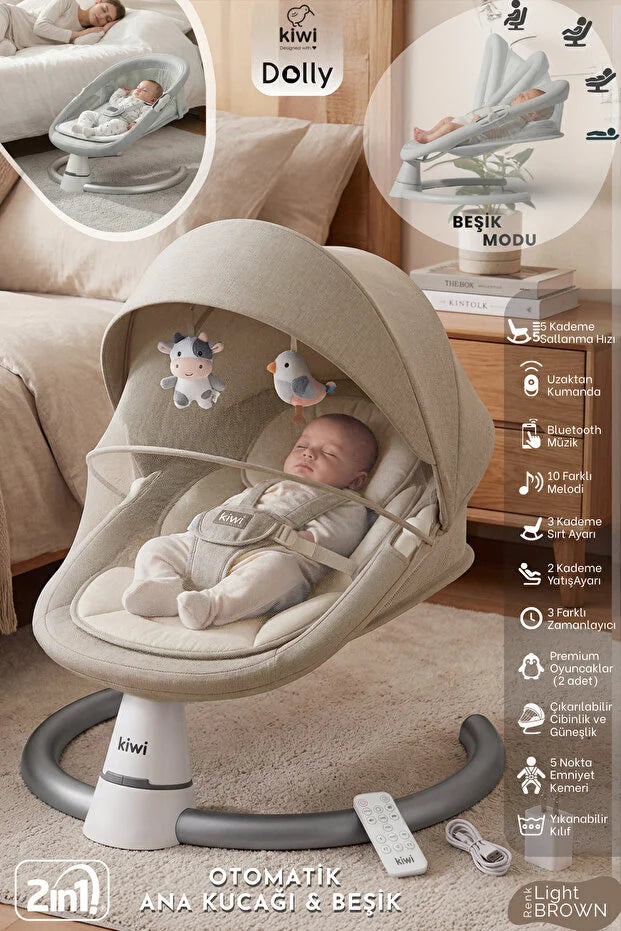 Dolly 2in1 Otomatik Sallanan Bebek Beşiği ve Ana Kucağı - Bluetoothlu - Açık Kahve