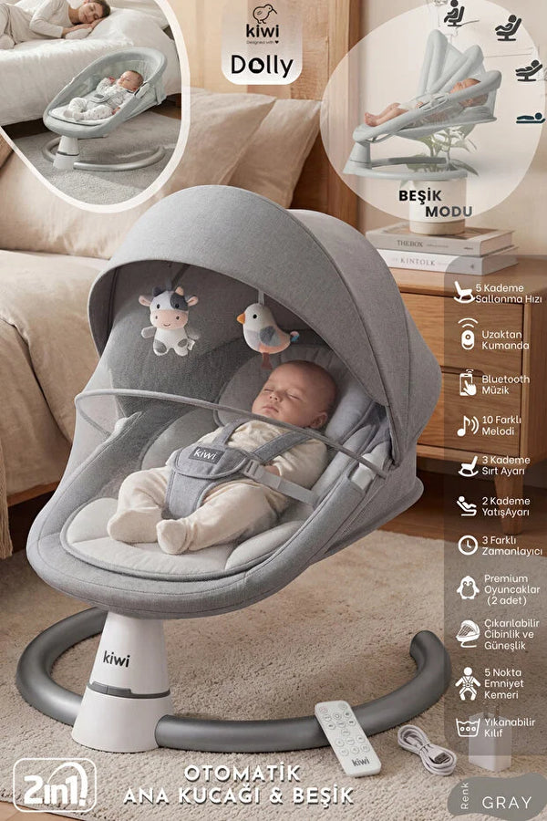 Dolly 2in1 Otomatik Sallanan Bebek Beşiği ve Ana Kucağı - Bluetoothlu - Gri
