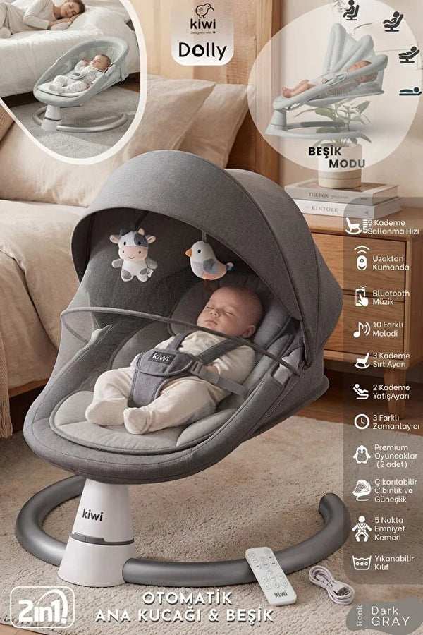 Dolly 2in1 Otomatik Sallanan Bebek Beşiği ve Ana Kucağı - Bluetoothlu - Siyah