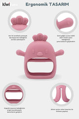 2 in 1 Silikon Bebek Diş Kaşıyıcı Seti - Eldiven Şeklinde Sincap Dişlik - Bej & Pink