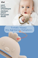 2 in 1 Silikon Bebek Diş Kaşıyıcı Seti - Eldiven Şeklinde Sincap Dişlik - Bej & Olive