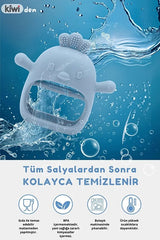 2 in 1 Silikon Bebek Diş Kaşıyıcı Seti - Eldiven Şeklinde Sincap Dişlik - Bej & Mavi
