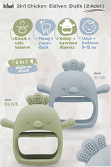 2 in 1 Silikon Bebek Diş Kaşıyıcı Seti - Eldiven Şeklinde Sincap Dişlik - Olive & Blue