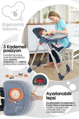Koala Portatif Katlanır Mama Sandalyesi - 6 Kademeli Yükseklik Ayarlı, Tekerlekli ve Çift Tepsili - Yeşil