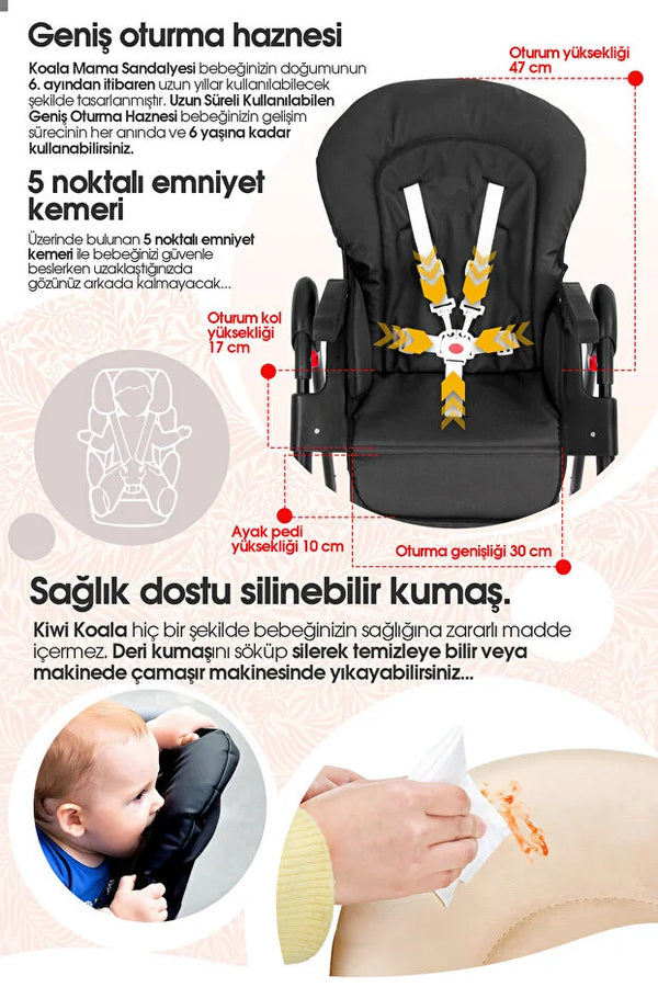 Koala Portatif Katlanır Mama Sandalyesi - 6 Kademeli Yükseklik Ayarlı, Tekerlekli ve Çift Tepsili - Mavi