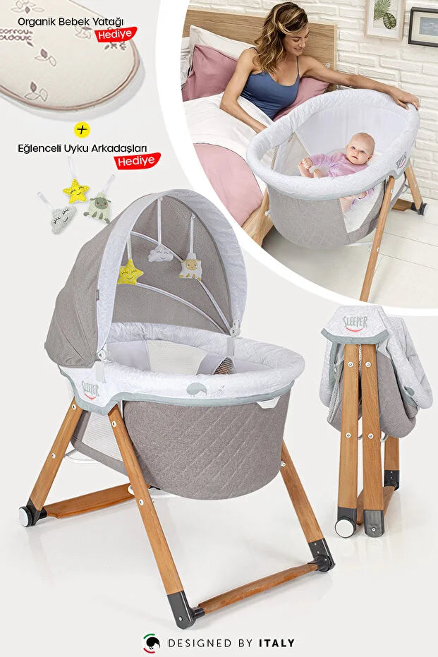 Sleeper Anne Yanı Beşik - Luna Desen Portatif, Sallanır, Tekerlekli ve Katlanır Bebek Beşiği (+ Lüks Yatak Hediyeli) - Vizon