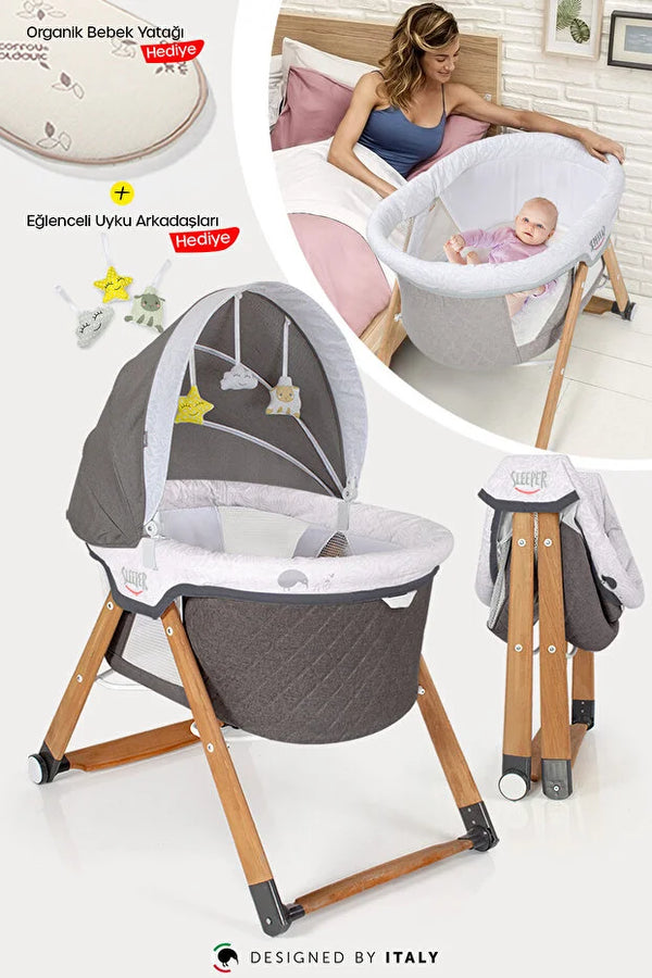 Sleeper Anne Yanı Beşik - Luna Desen Portatif, Sallanır, Tekerlekli ve Katlanır Bebek Beşiği (+ Lüks Yatak Hediyeli) - Gri