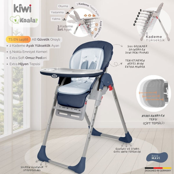Kiwi Koala Katlanabilir Mama Sandalyesi | Tekerlekli, Taşınabilir, Silinebilir Bebek Mama Sandalyesi Koyu Mavi