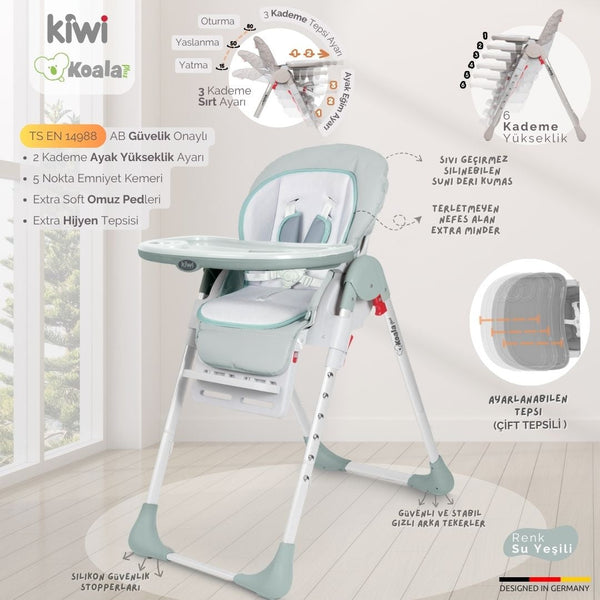 Kiwi Koala Katlanabilir Mama Sandalyesi | Tekerlekli, Taşınabilir, Silinebilir Bebek Mama Sandalyesi Su Yeşili
