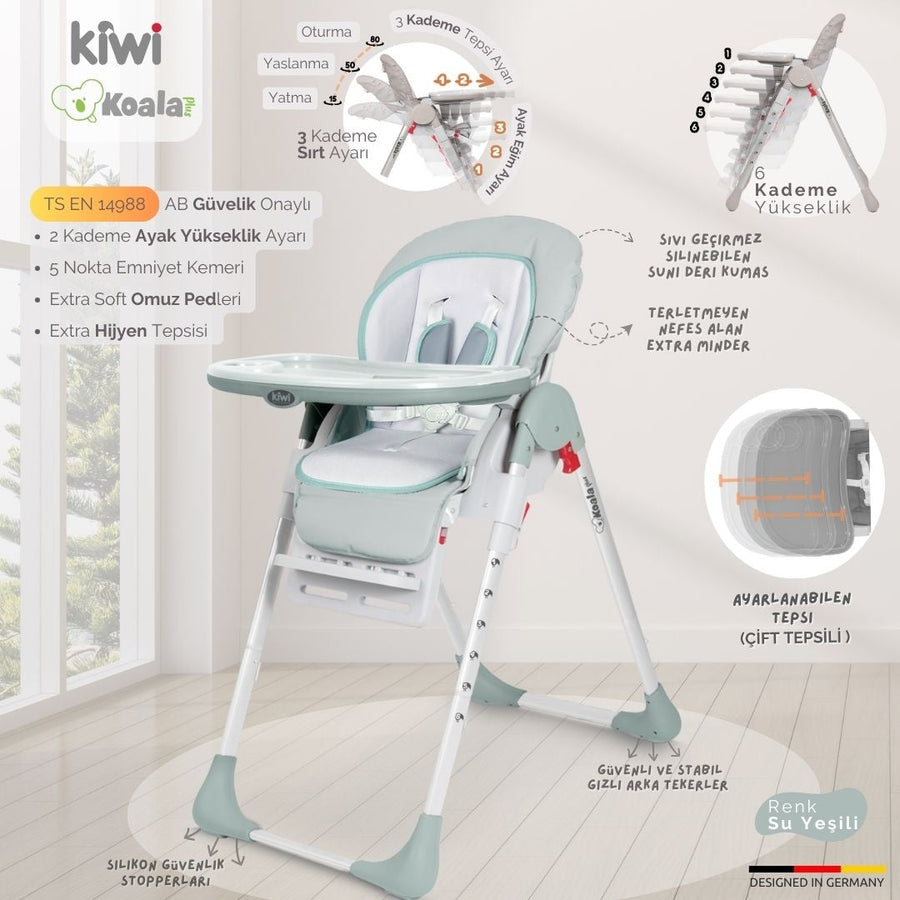Kiwi Koala Katlanabilir Mama Sandalyesi | Tekerlekli, Taşınabilir, Silinebilir Bebek Mama Sandalyesi Su Yeşili