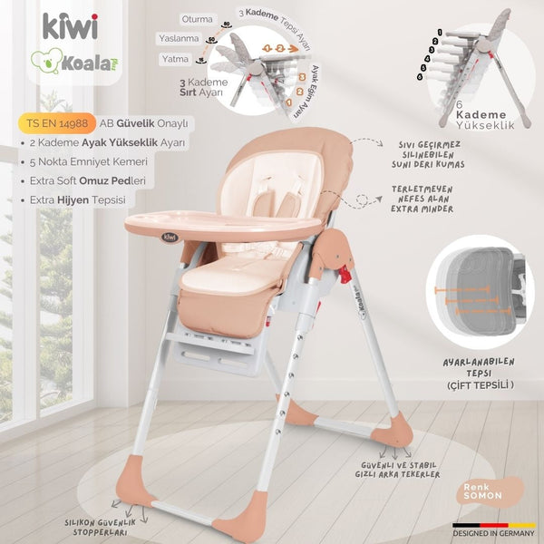 Kiwi Koala Katlanabilir Mama Sandalyesi | Tekerlekli, Taşınabilir, Silinebilir Bebek Mama Sandalyesi Somon