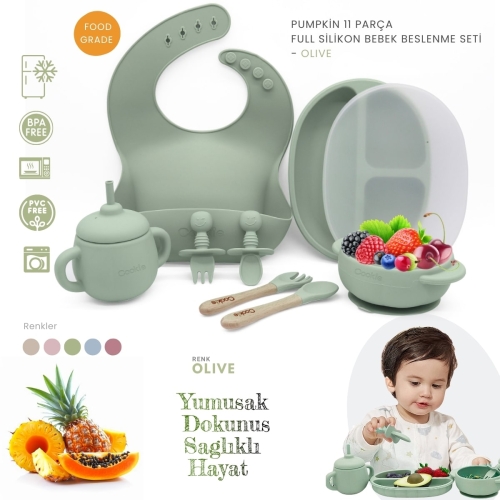 Kiwi Pumpkin Bebek Mama Seti - Akıtmaz Bardak - Mama Önlüğü - 25