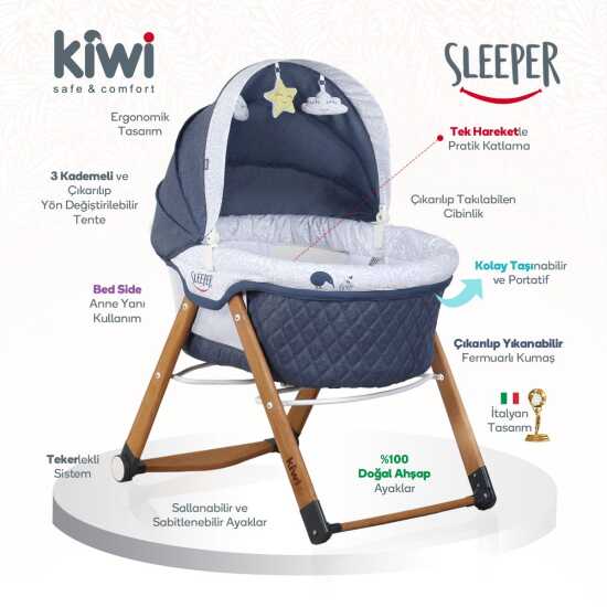 Kiwi Sleeper Portatif Beşik, Sallanır, Katlanır, Taşınabilir Sepet Beşik, Yaprak Desenli - 40